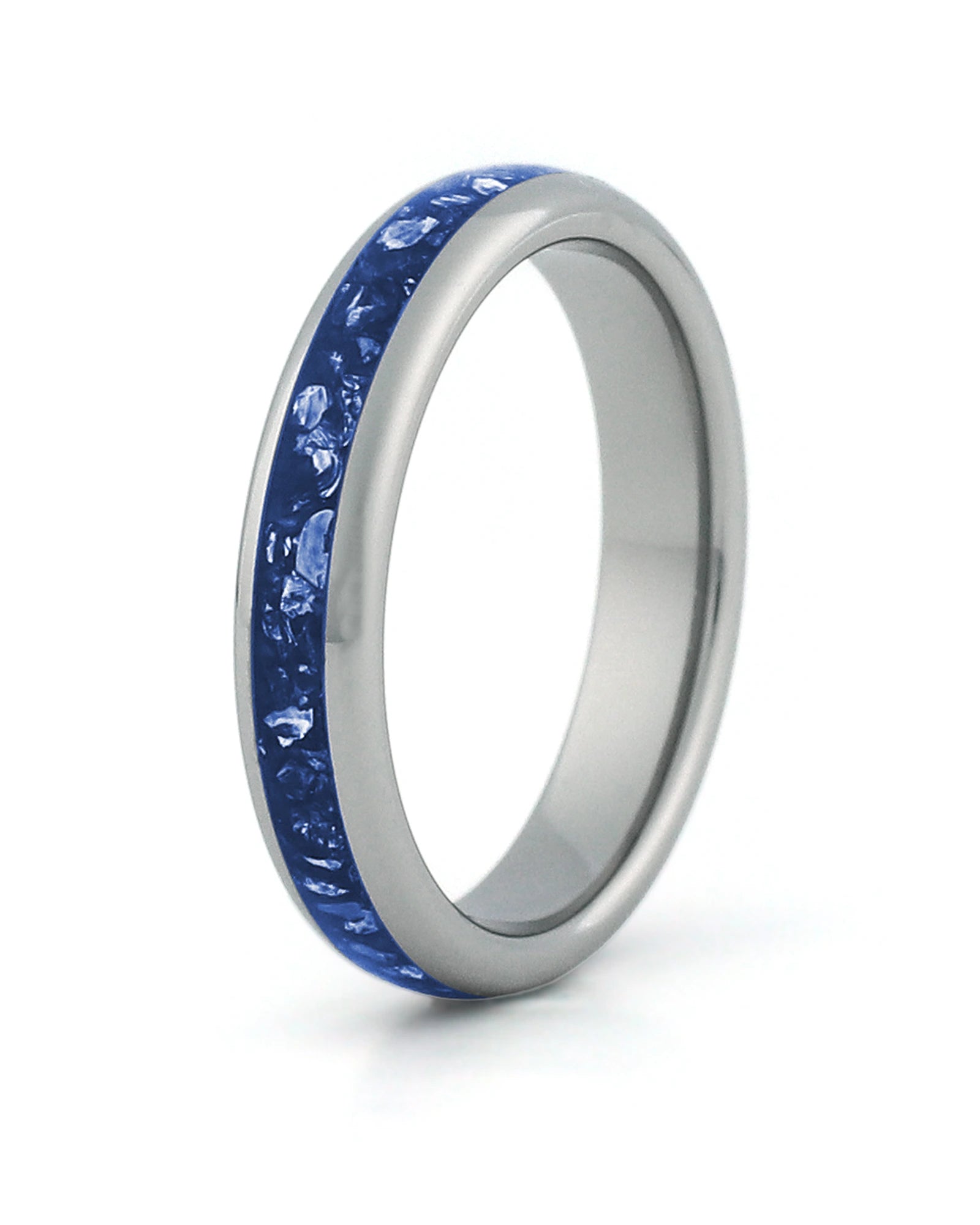 Silver tungsten wedding ring with blue sapphire stone inlay, 4mm band
