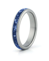 Silver tungsten wedding ring with blue sapphire stone inlay, 4mm band