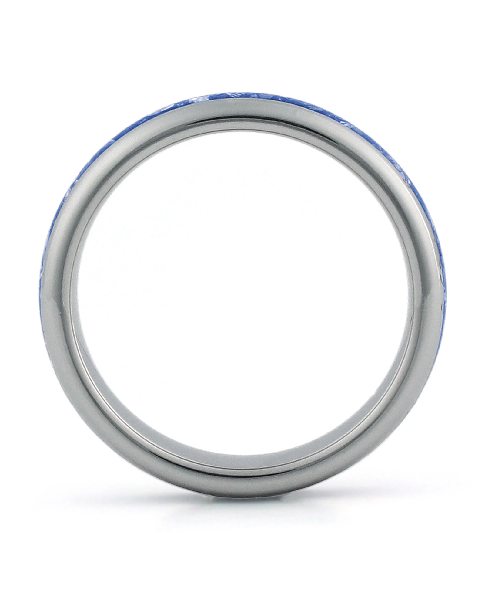 Side view of silver 4mm tungsten wedding ring with sapphire inlay