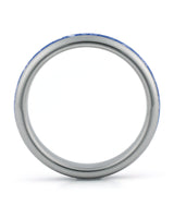 Side view of silver 4mm tungsten wedding ring with sapphire inlay