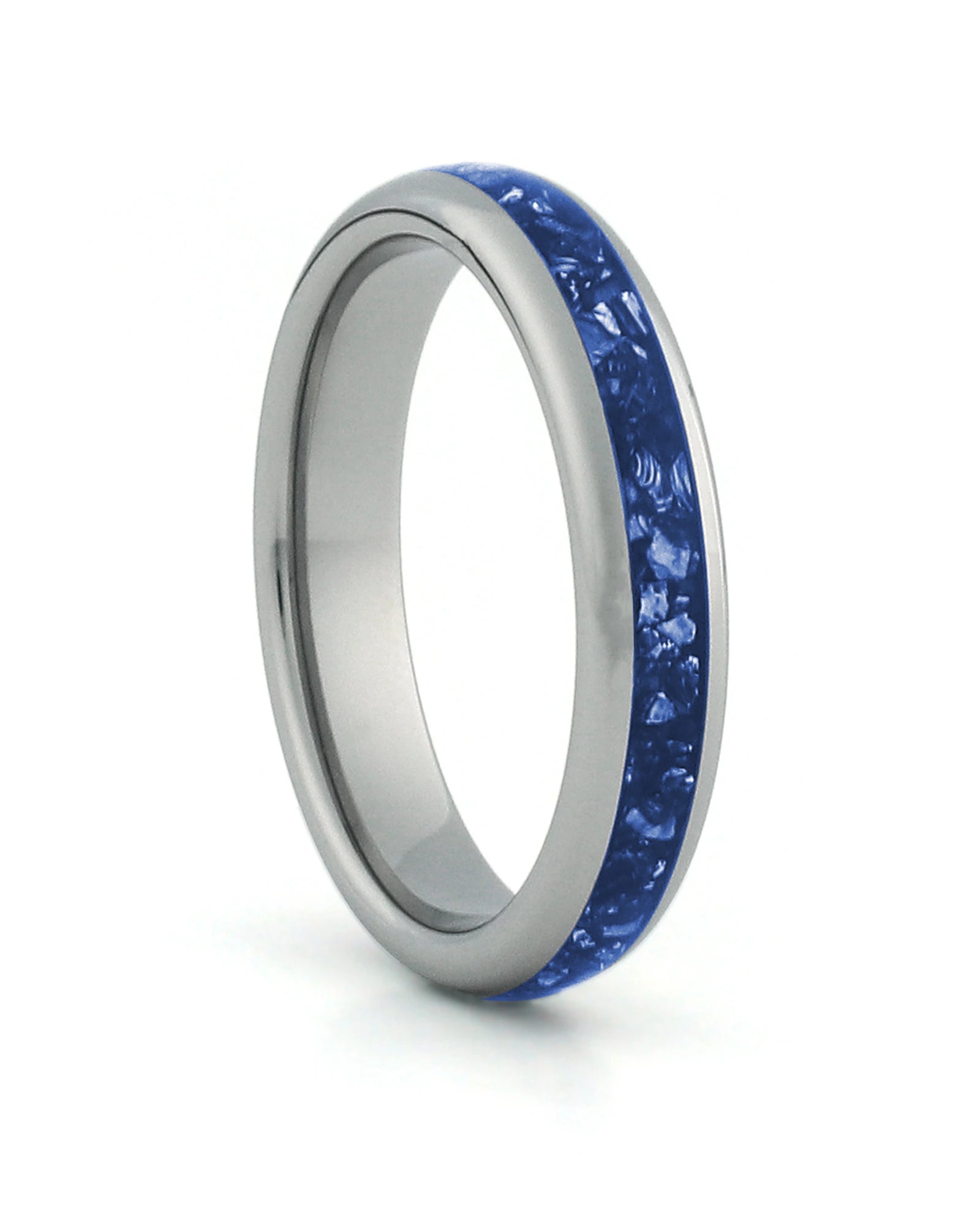 Silver 4mm tungsten ring with blue sapphire inlay shown at an angle