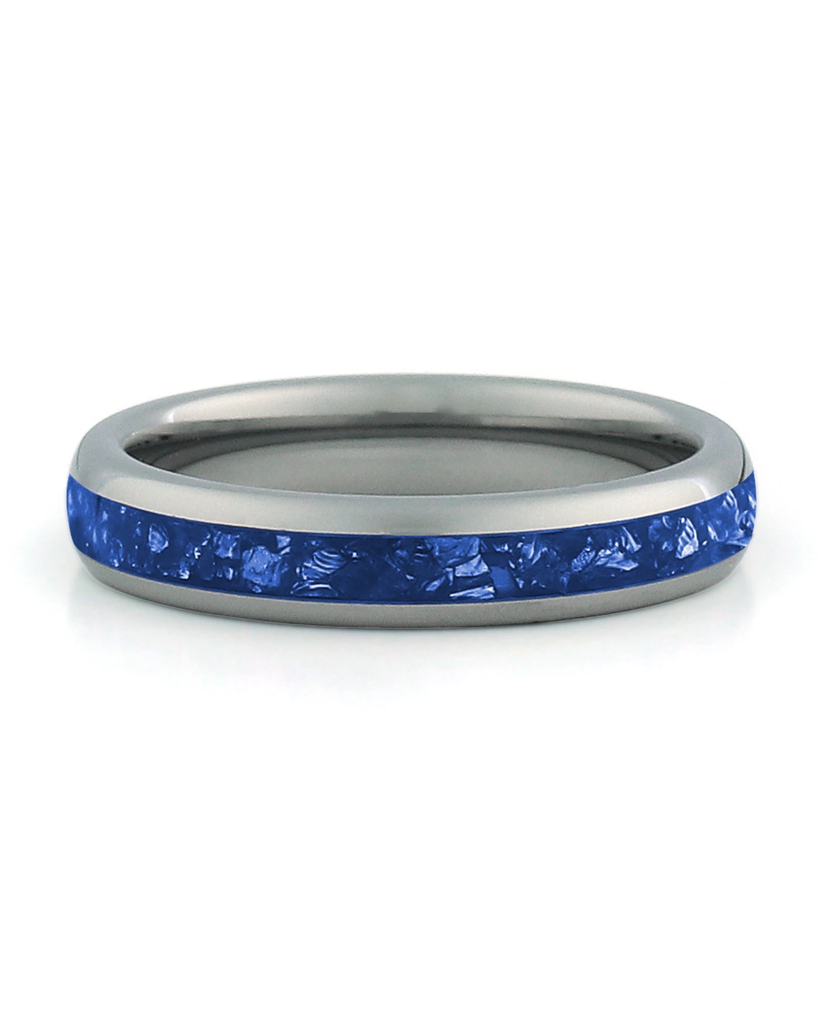 Front view of silver 4mm sapphire tungsten wedding band
