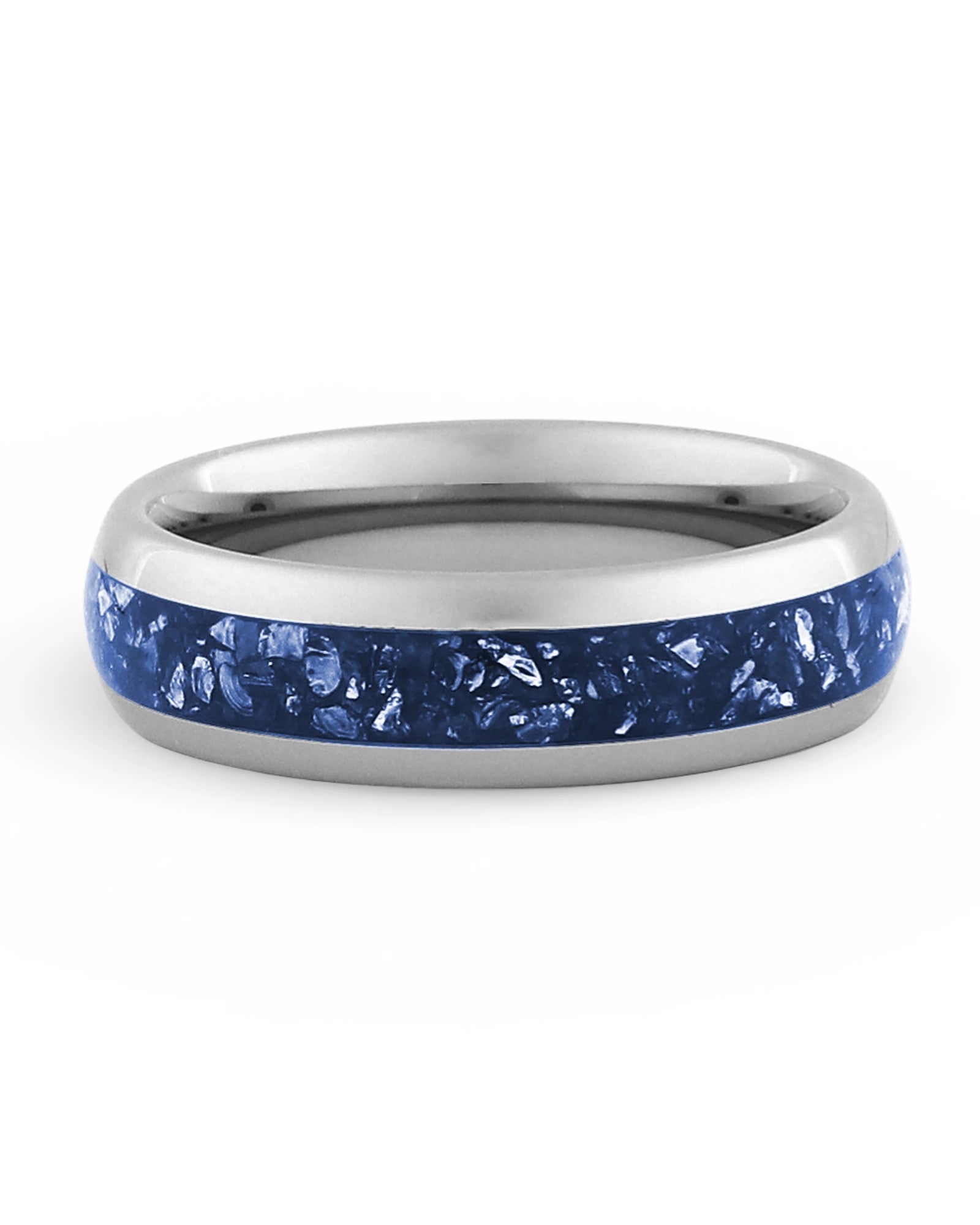 Silver 6mm tungsten ring with blue sapphire inlay shown at an angle