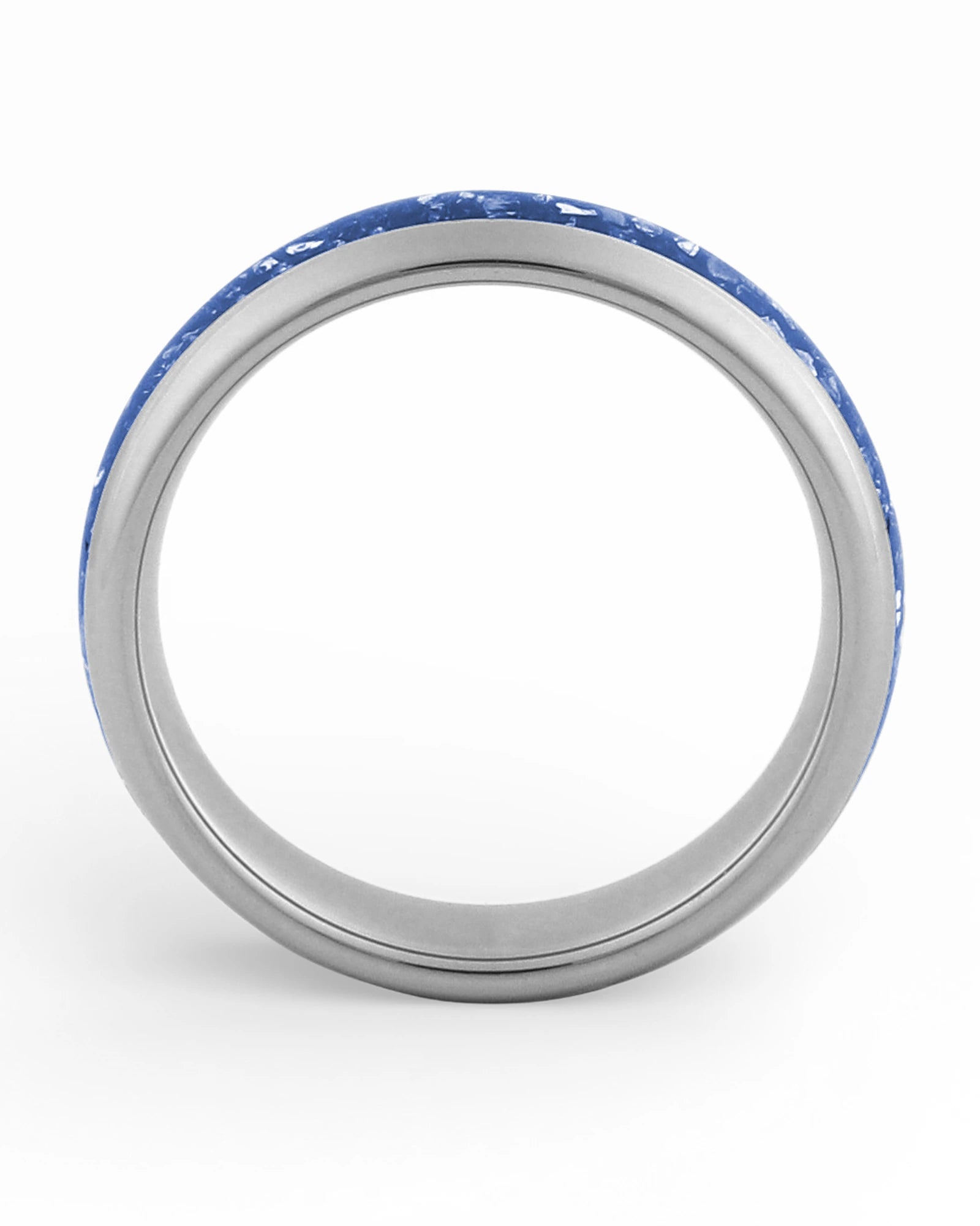 Side view of silver 6mm tungsten wedding ring with sapphire inlay