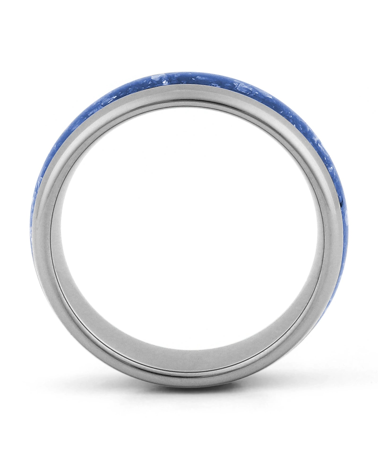 Side view of silver 8mm tungsten wedding ring with sapphire inlay