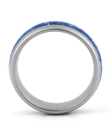 Side view of silver 8mm tungsten wedding ring with sapphire inlay