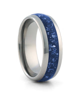 Silver 8mm tungsten ring with blue sapphire inlay shown at an angle