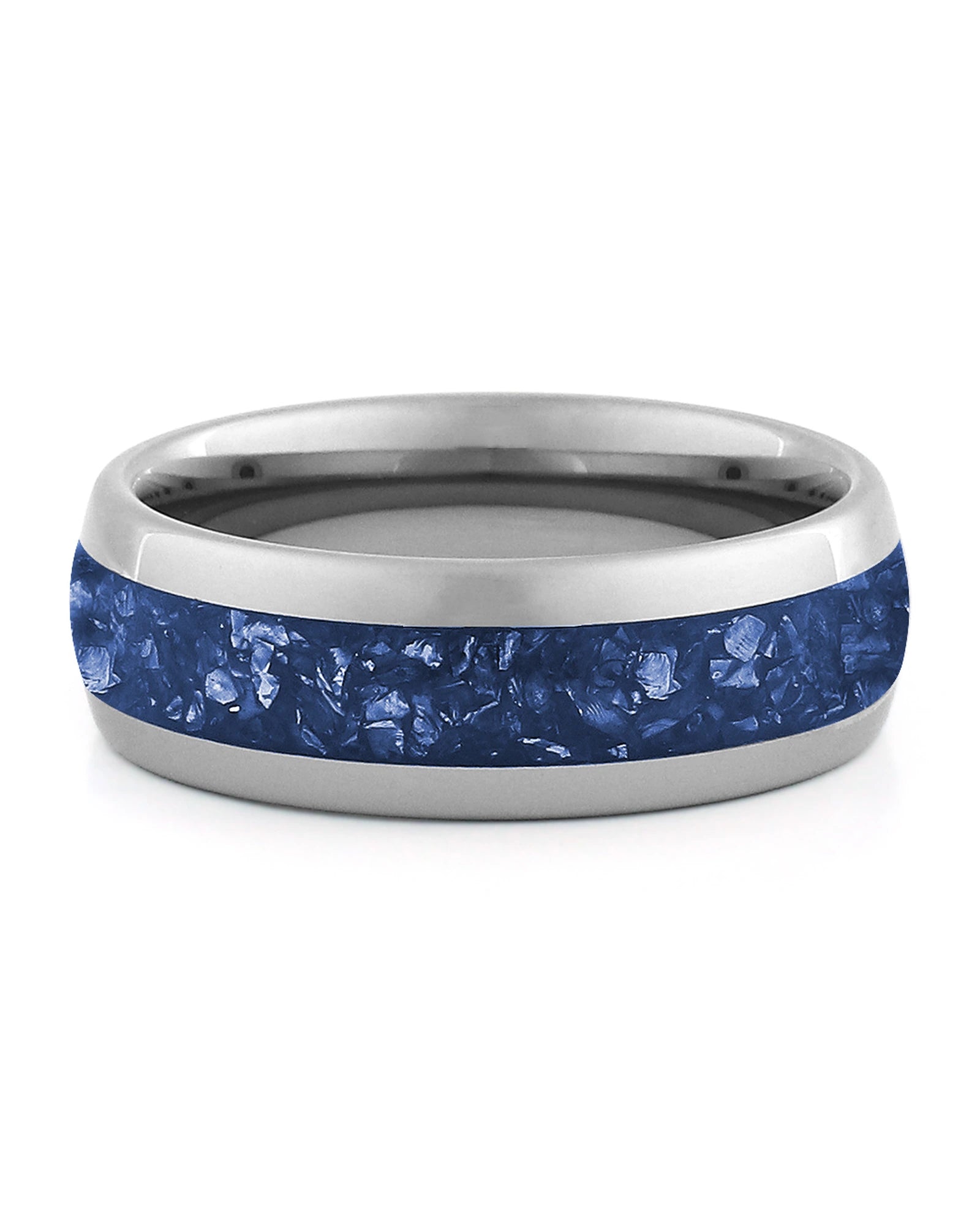 Front view of silver 8mm sapphire tungsten wedding band