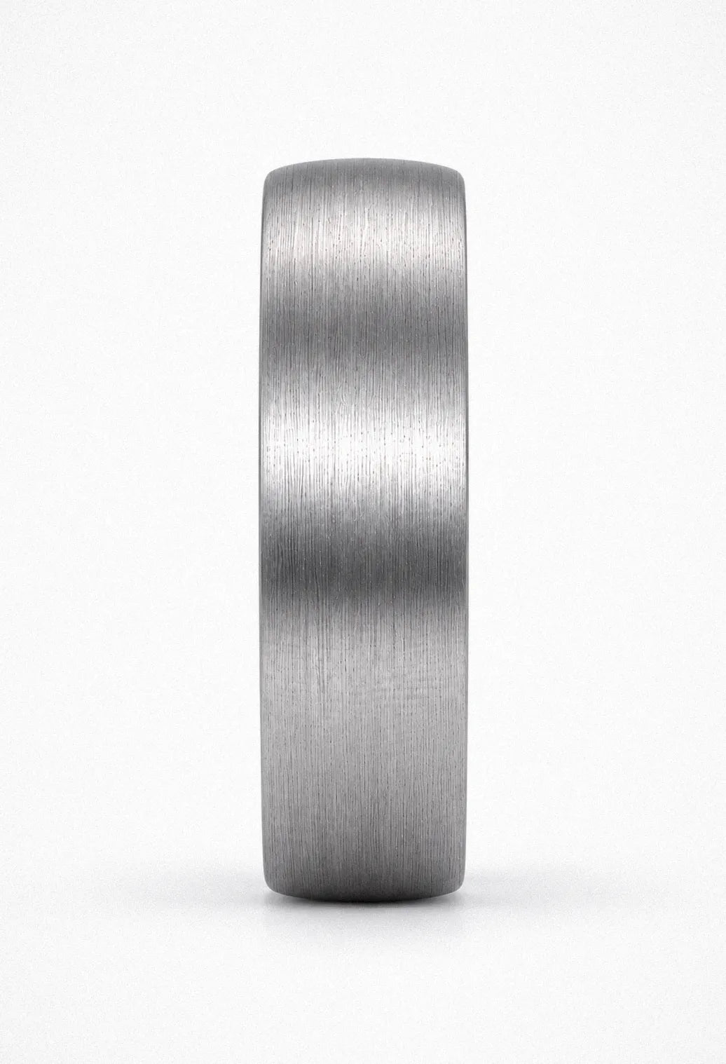 Front view of silver tungsten wedding ring with natural antler inner sleeve