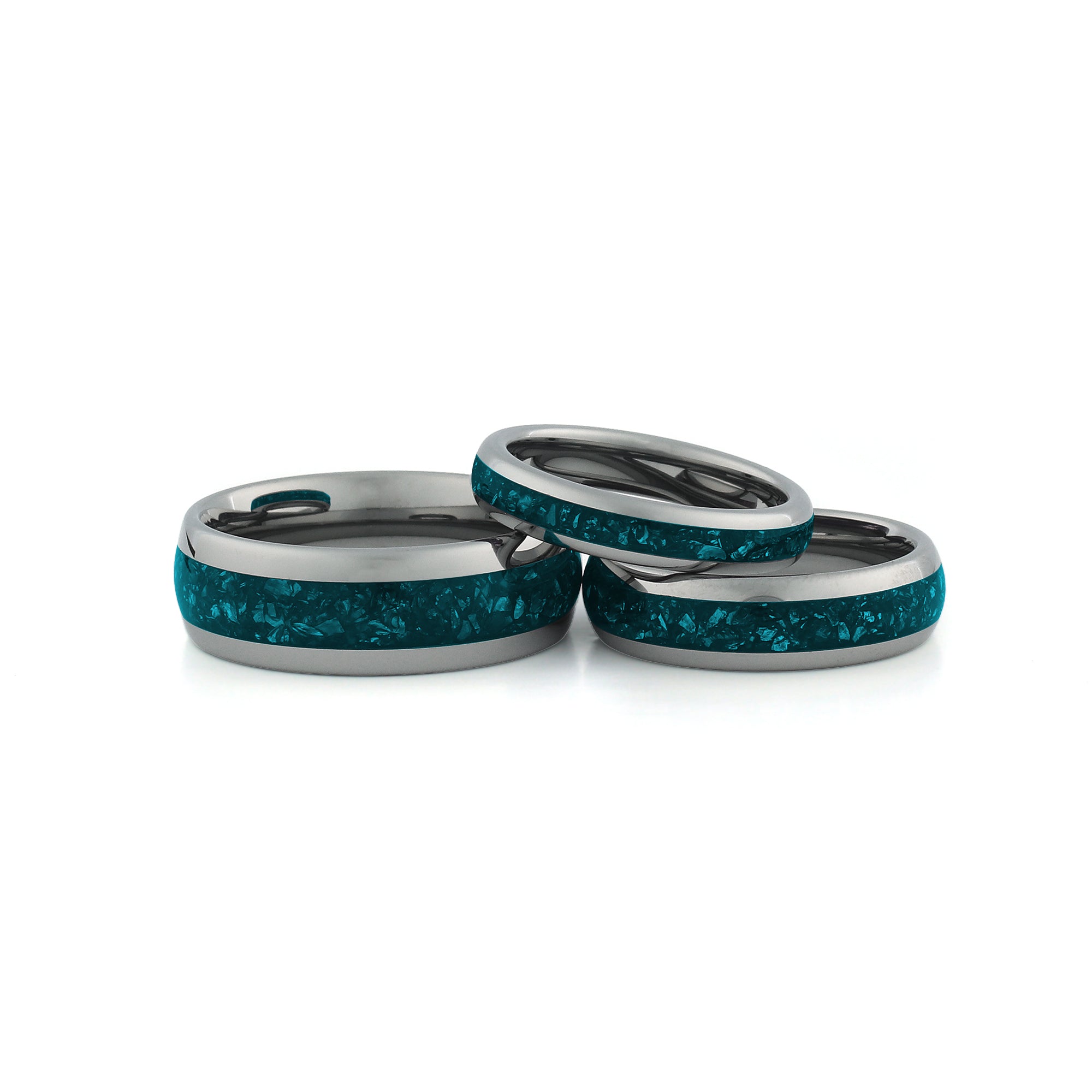 Silver turquoise wedding ring set for couples, minimalist matching bands with blue stone inlay