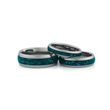 Silver turquoise wedding ring set for couples, minimalist matching bands with blue stone inlay