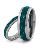 Matching silver tungsten wedding rings with turquoise inlays, including an 8mm band