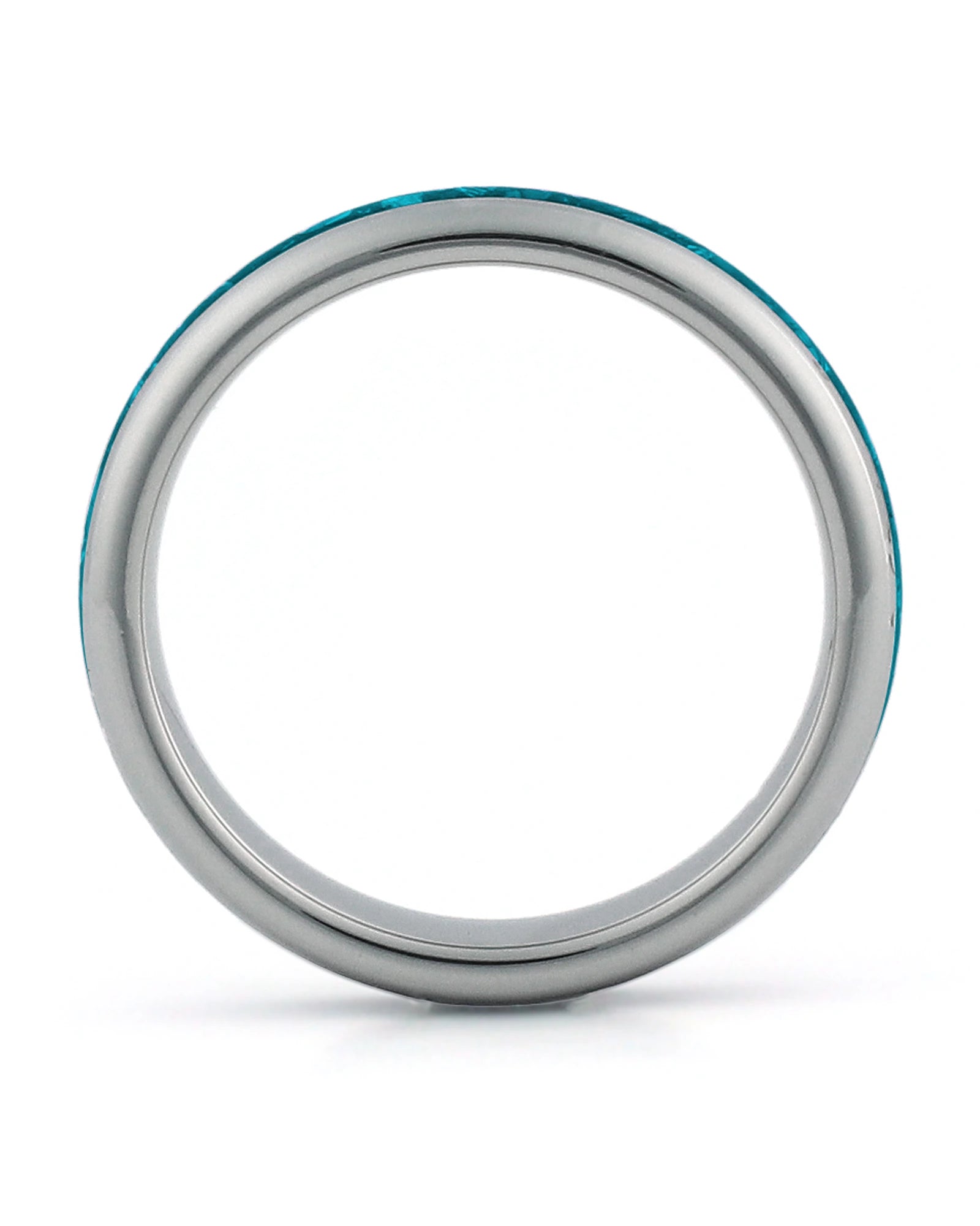 Side view of silver 4mm tungsten wedding ring with turquoise inlay