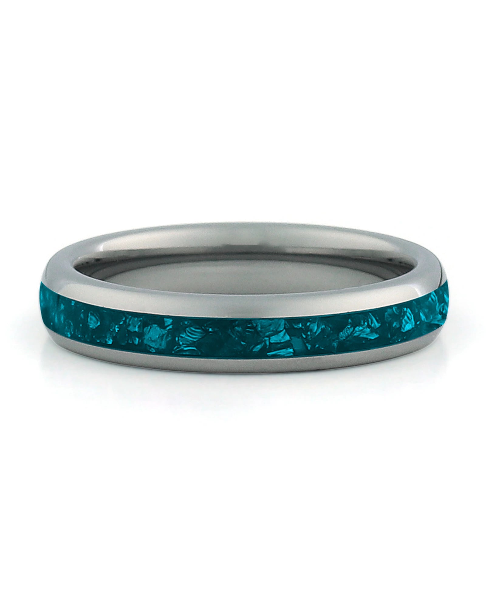 Front view of silver 4mm turquoise tungsten wedding band