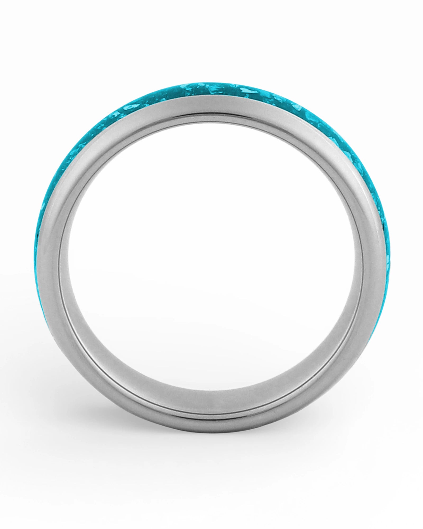 Side view of silver 6mm tungsten wedding ring with turquoise inlay
