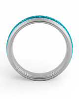 Side view of silver 6mm tungsten wedding ring with turquoise inlay