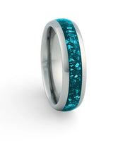 Silver 6mm tungsten ring with turquoise stone inlay shown at an angle