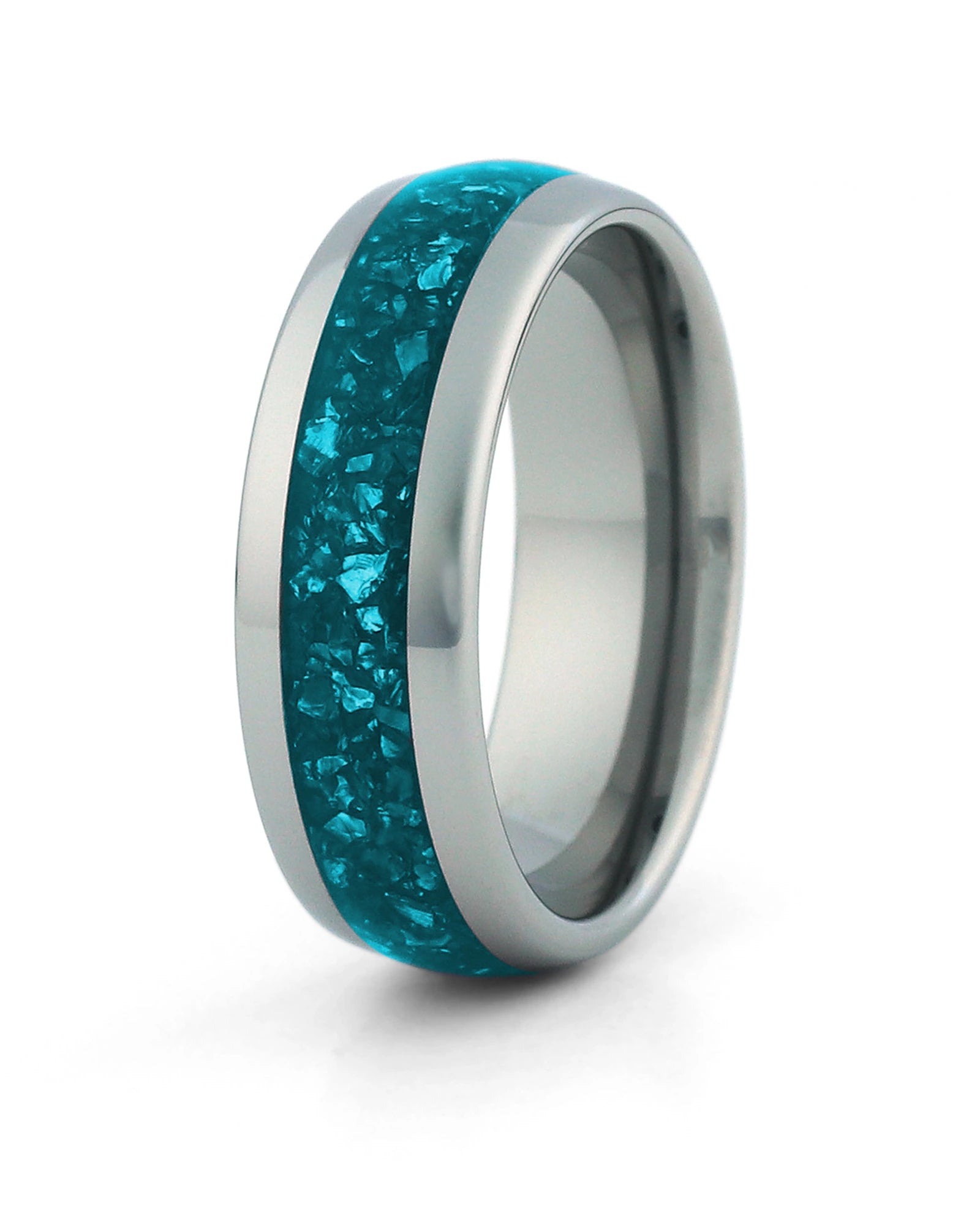 Men's silver tungsten wedding ring with turquoise stone inlay, 8mm band