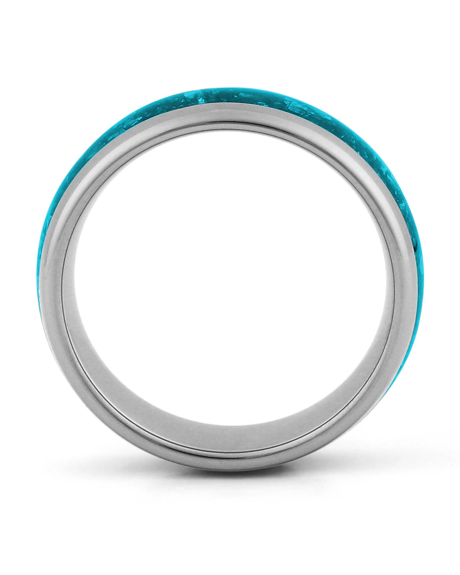 Side view of silver 8mm tungsten wedding ring with turquoise inlay