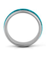 Side view of silver 8mm tungsten wedding ring with turquoise inlay