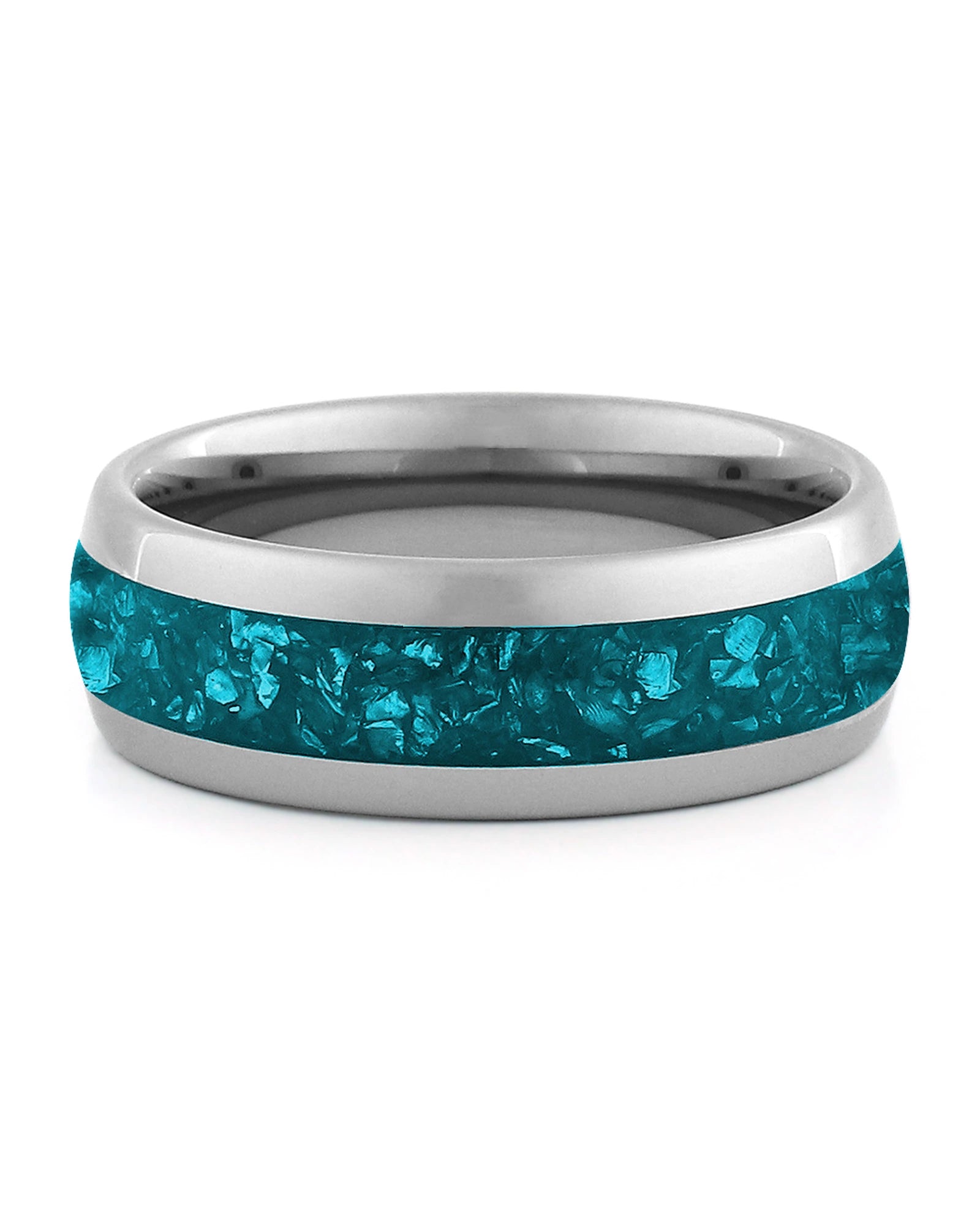 Front view of silver 8mm turquoise tungsten wedding band