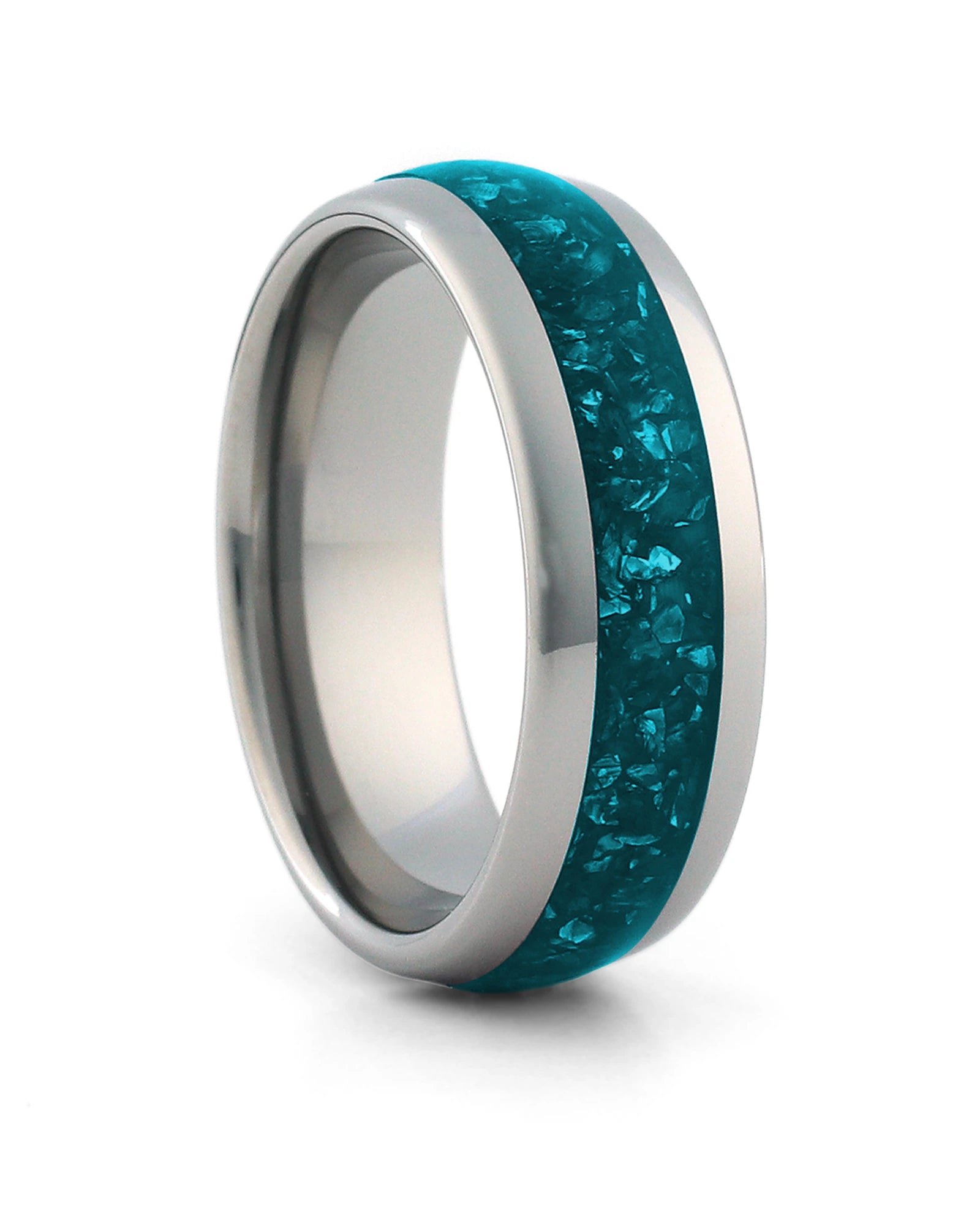 Silver 8mm tungsten ring with turquoise stone inlay shown at an angle