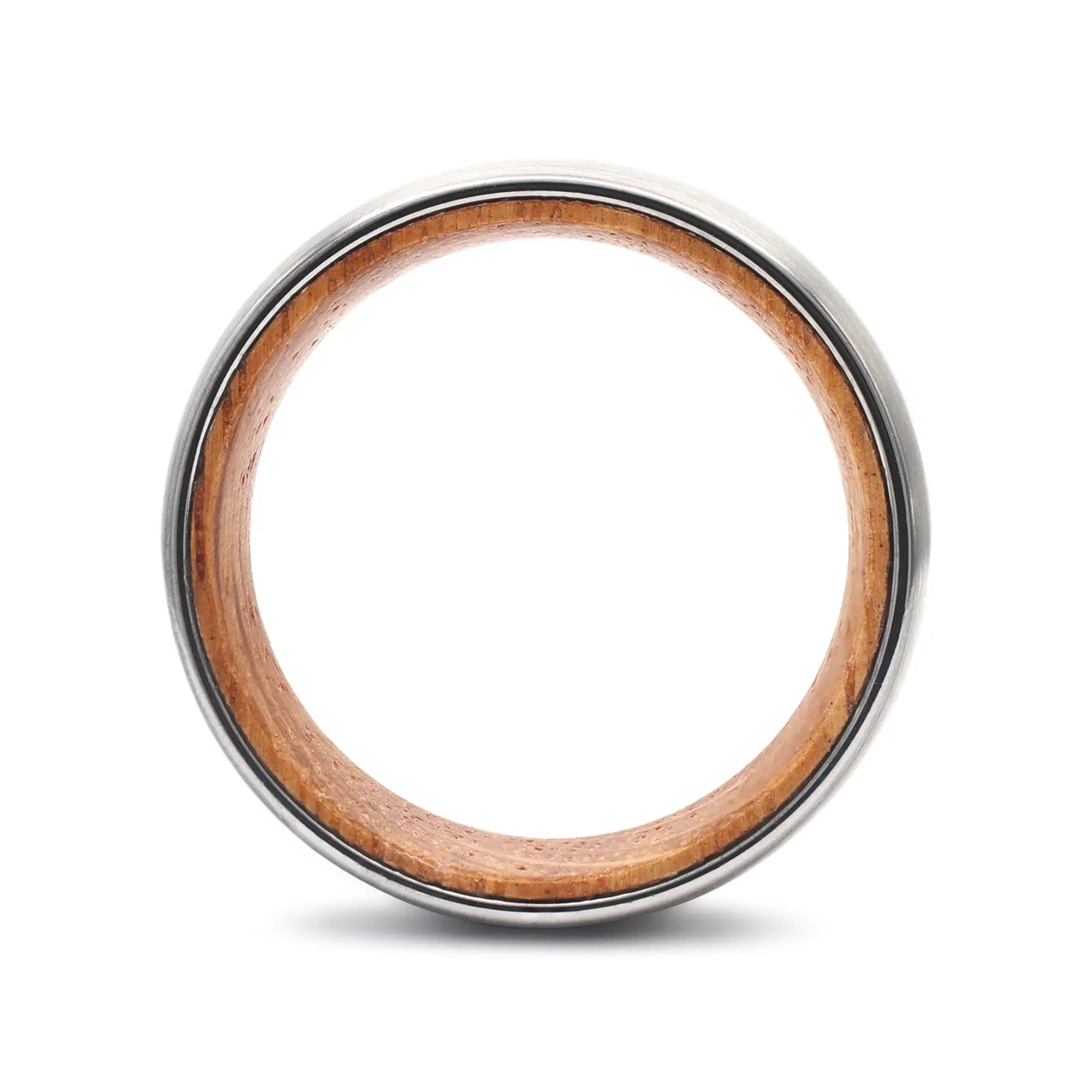 Side profile of a silver tungsten whiskey barrel wedding ring with a reclaimed oak wood interior.