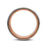 Side profile of a silver tungsten whiskey barrel wedding ring with a reclaimed oak wood interior.