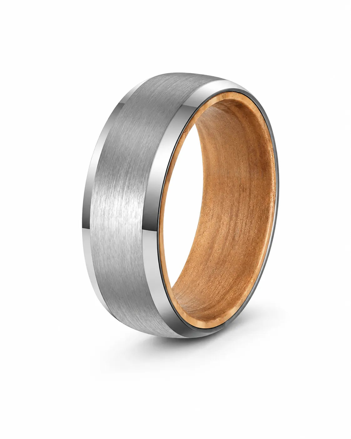 Silver brushed tungsten wedding ring with polished beveled edges and a whiskey barrel wood interior at a 35 degree studio angle on a white background.