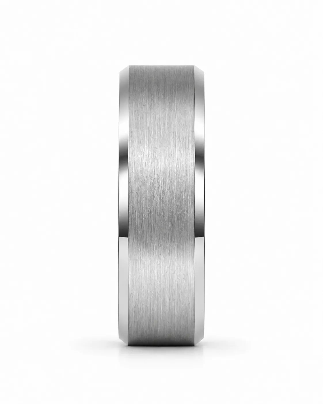 Front view of a silver brushed tungsten wedding ring with polished beveled edges and a whiskey barrel wood interior on a white background.