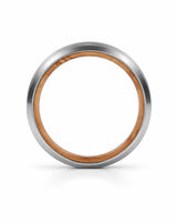 Side profile of a silver brushed tungsten wedding ring showing the band thickness, polished beveled edges and whiskey barrel wood interior on a white background.