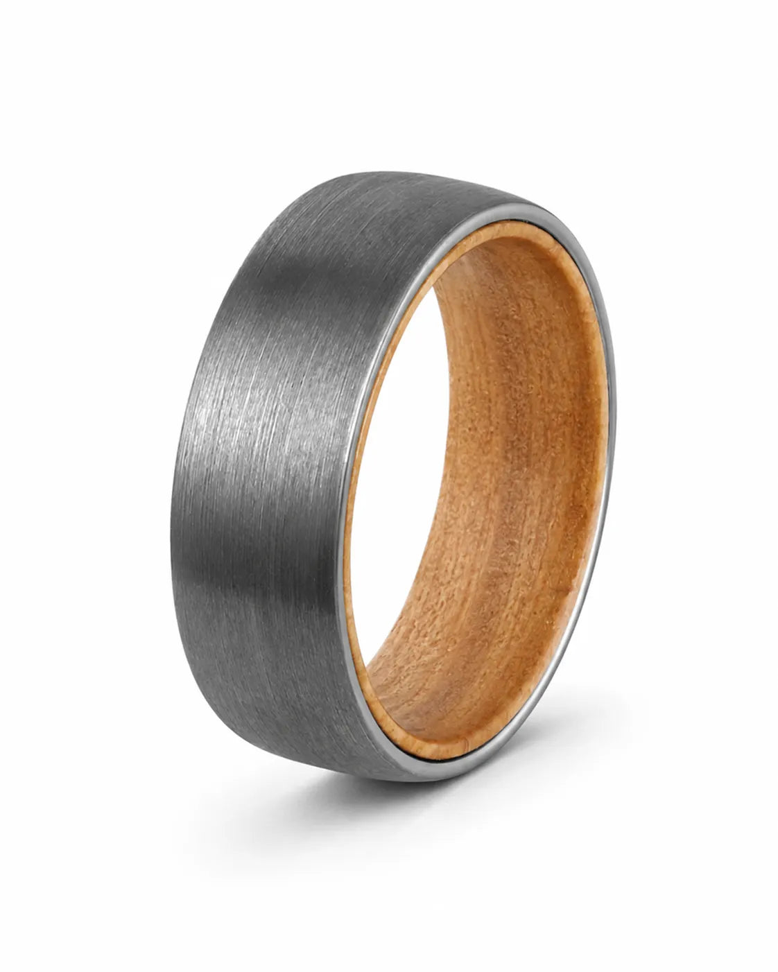 Silver tungsten wedding ring with a brushed finish and natural whiskey wood interior shown at an angled studio view on a white background.