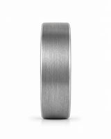 Front view of a silver tungsten wedding ring with a brushed finish and natural whiskey wood interior on a white background.