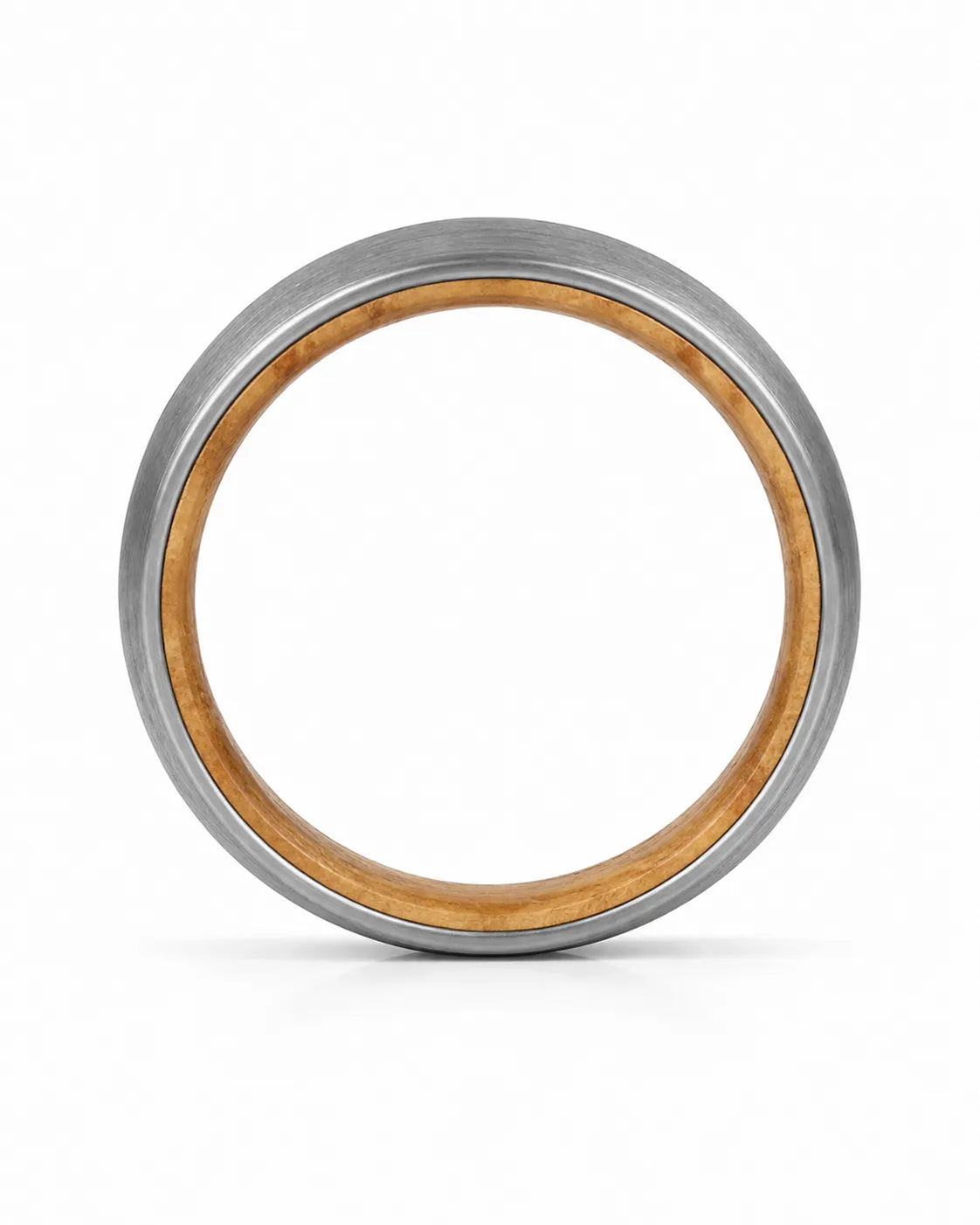 Side profile of a silver tungsten wedding ring showing the band thickness, brushed finish and whiskey wood interior on a white background.