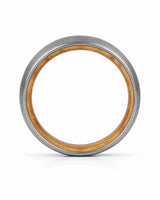 Side profile of a silver tungsten wedding ring showing the band thickness, brushed finish and whiskey wood interior on a white background.