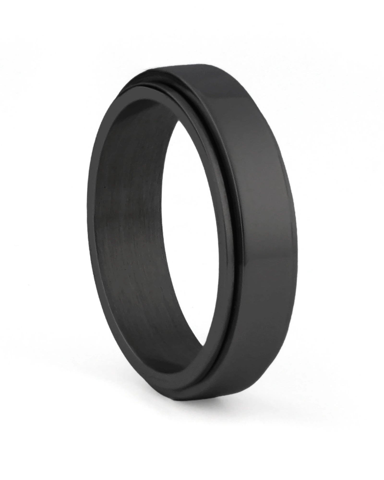 Black stainless steel spinner ring shown at an angle