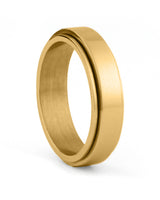 Gold stainless steel spinner ring shown at an angle