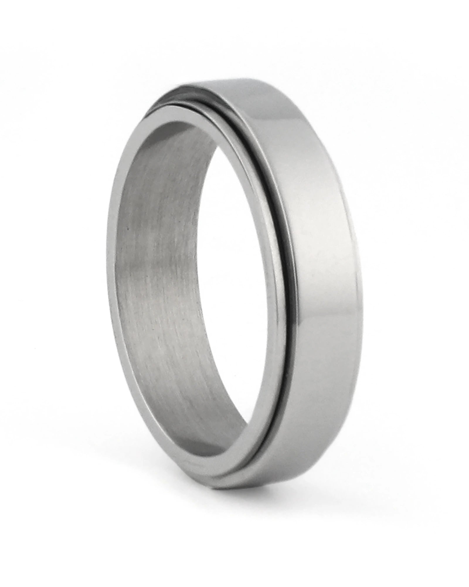Silver stainless steel spinner ring shown at an angle