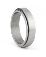 Silver stainless steel spinner ring shown at an angle
