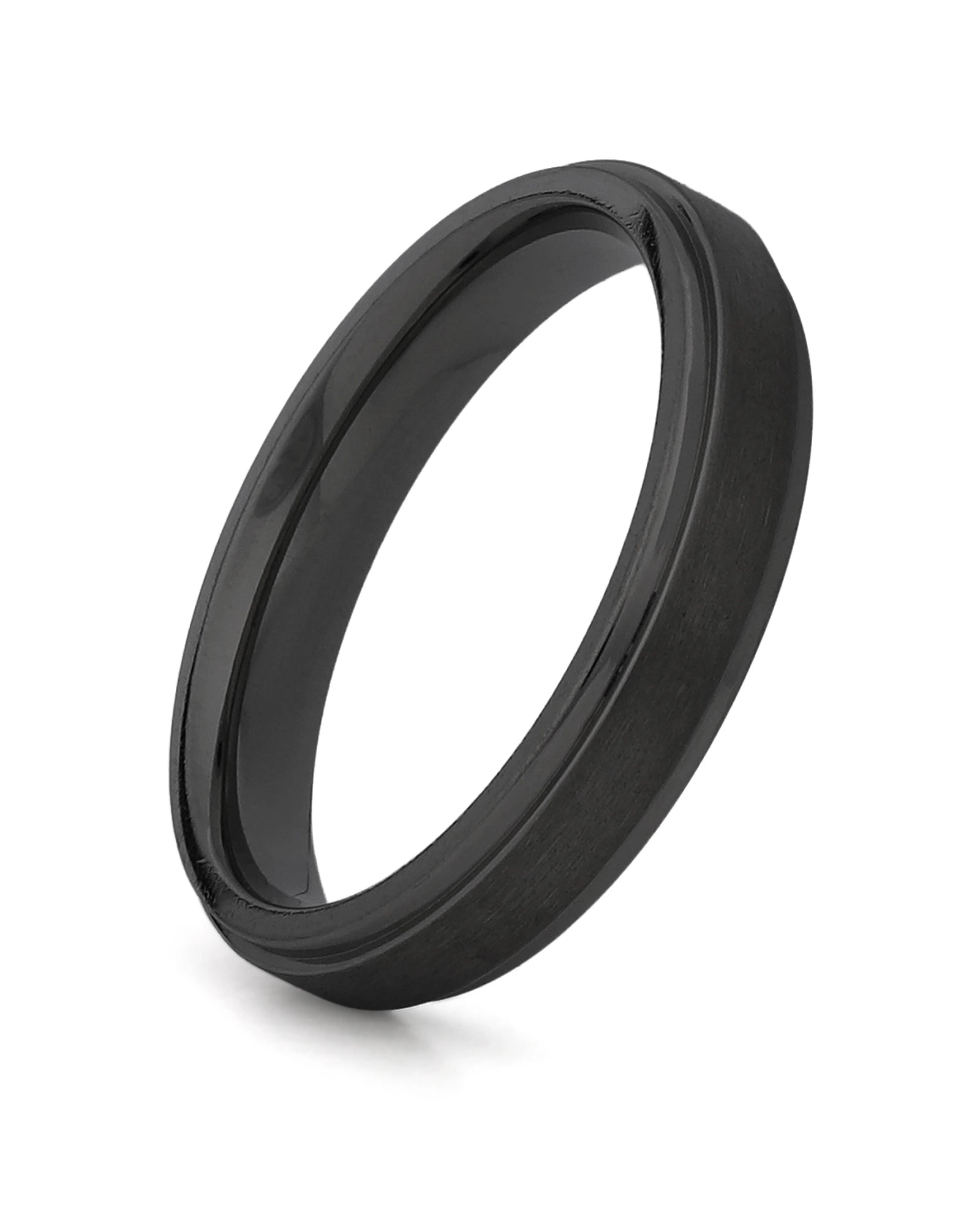 Black 4mm stepped titanium wedding ring shown at an angle