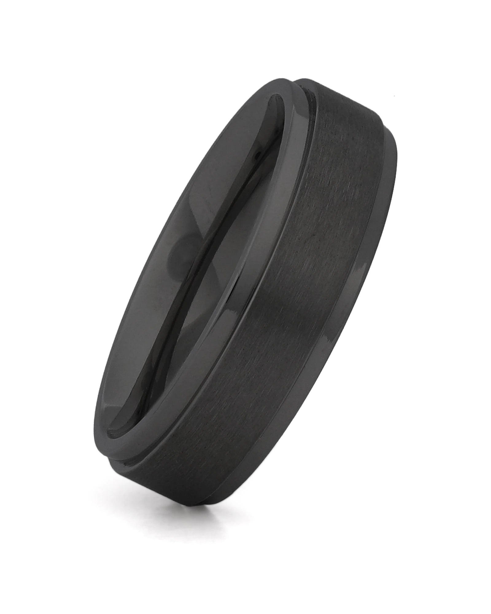 Black 6mm stepped titanium wedding ring shown at an angle