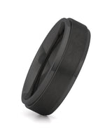 Black 6mm stepped titanium wedding ring shown at an angle