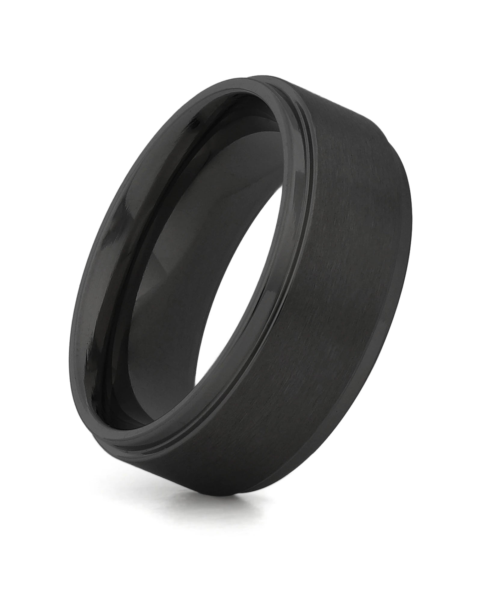 Front view of black 8mm stepped titanium wedding band