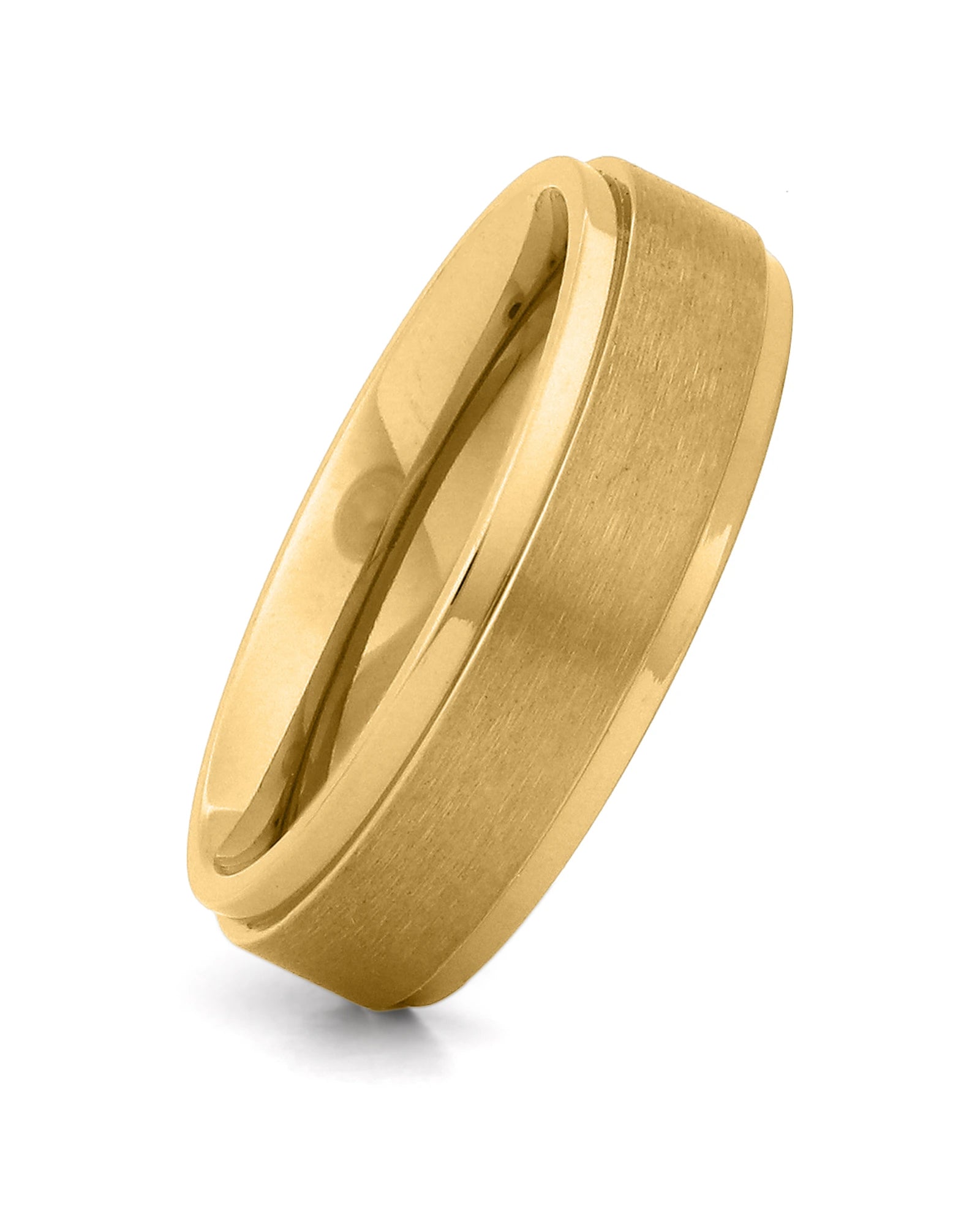 Gold 6mm stepped titanium wedding ring shown at an angle