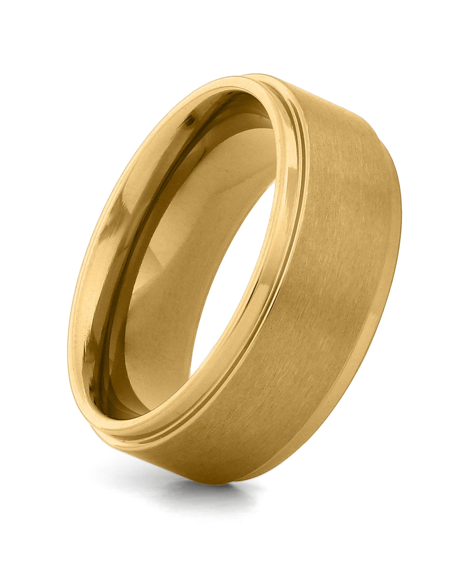 Front view of gold 8mm stepped titanium wedding band