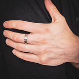 closeup of a man wearing a stepped titanium wedding ring