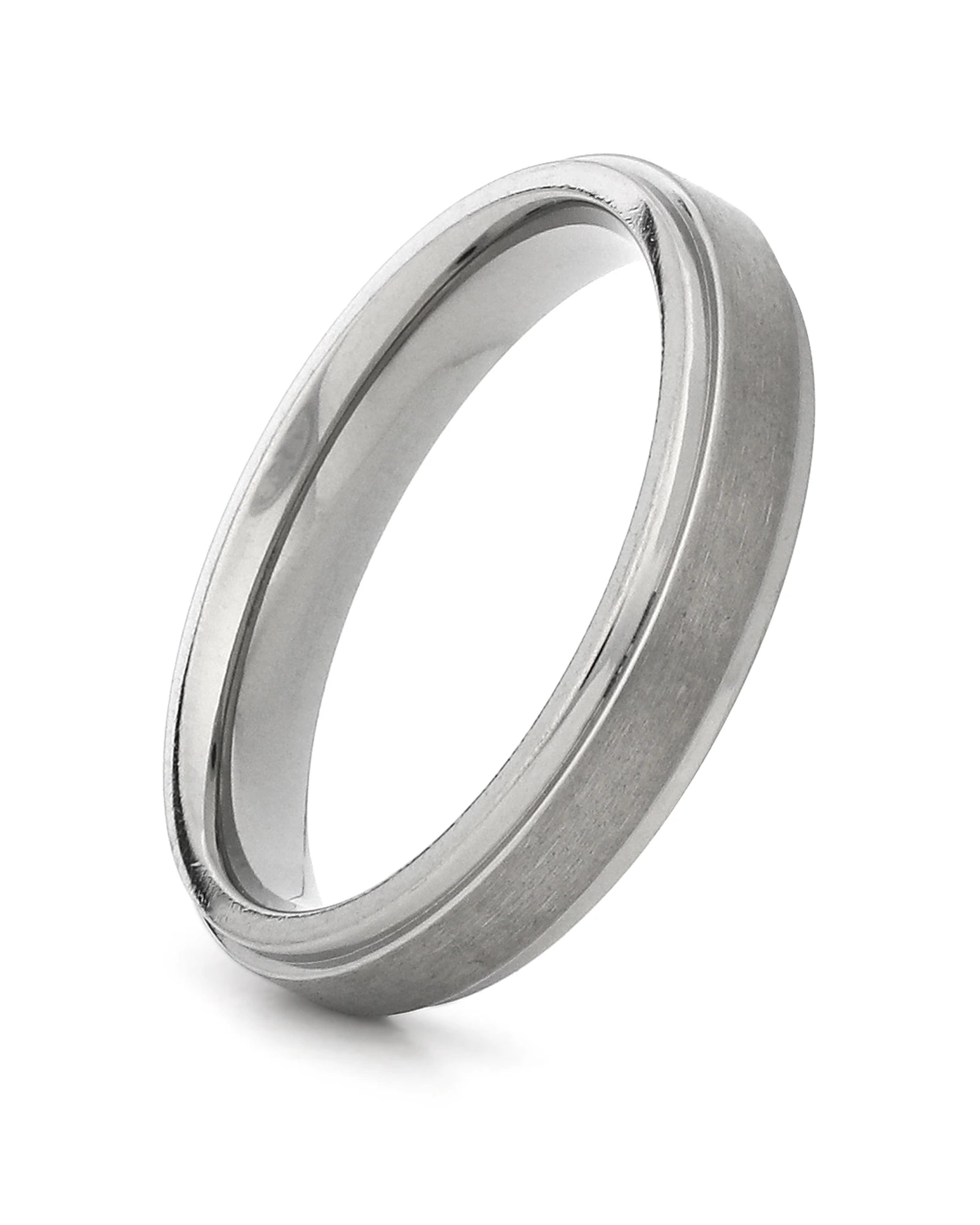 Silver 4mm stepped titanium wedding ring shown at an angle