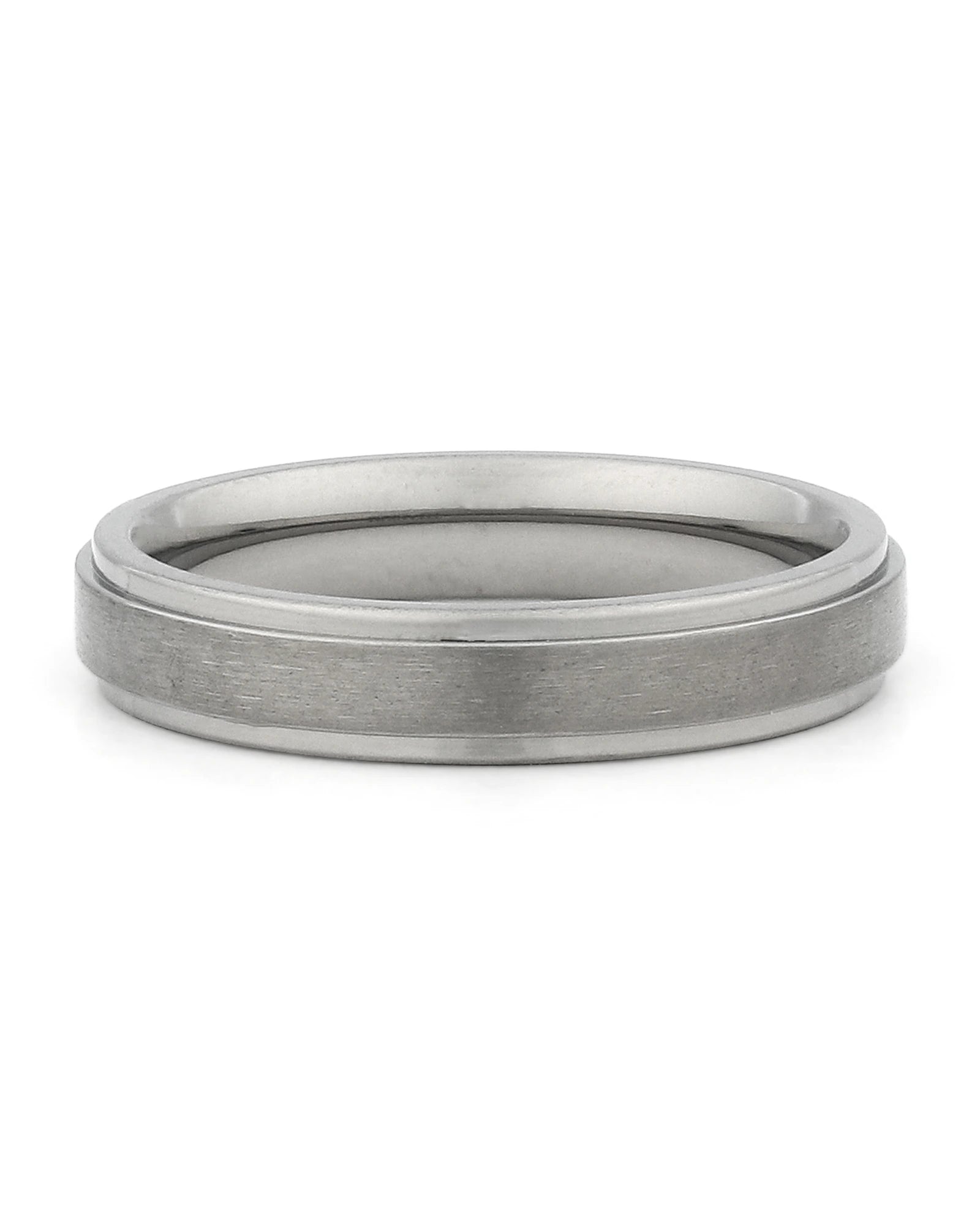 Front view of silver 4mm stepped titanium wedding band