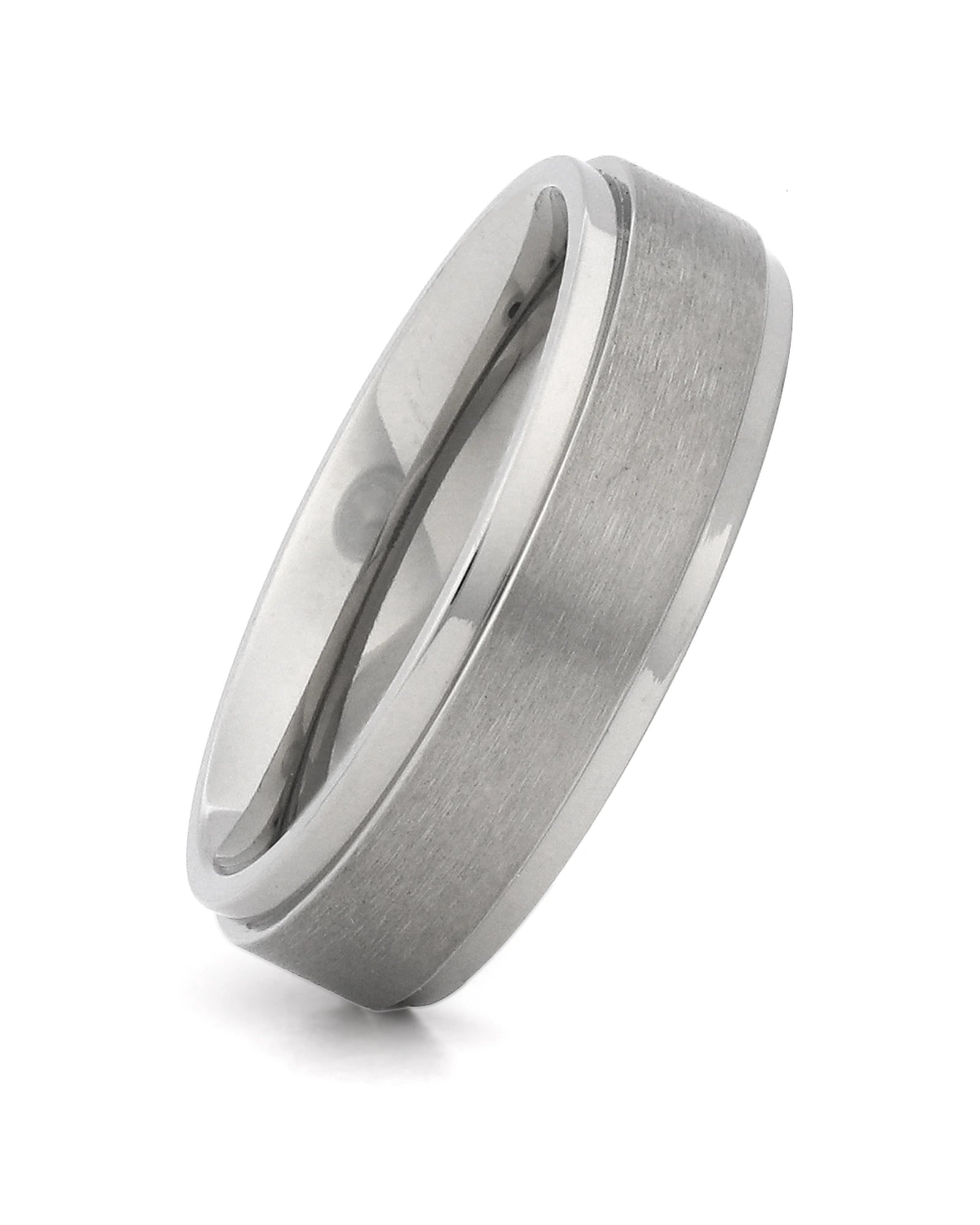 Silver 6mm stepped titanium wedding ring shown at an angle