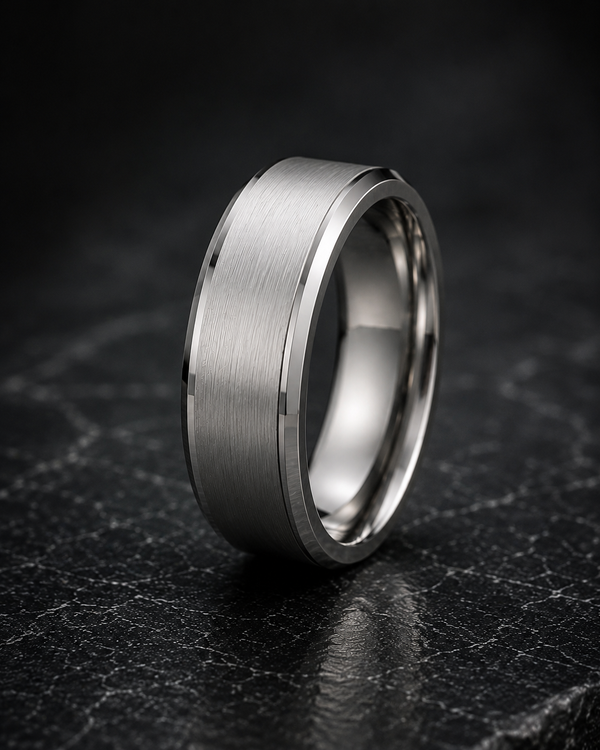 Silver ring with beveled edges on a dark textured surface